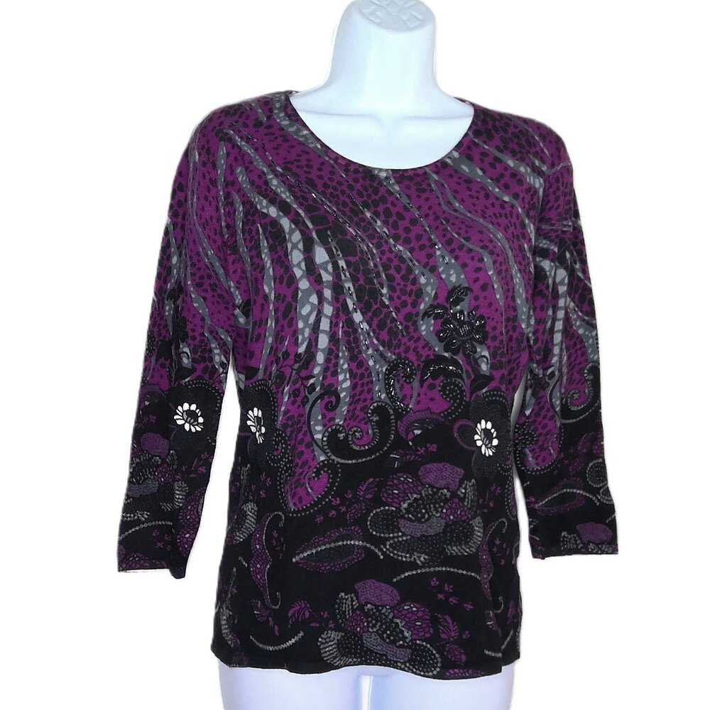 Pierri New York Beaded Sweater Dressy Floral Paisley 3/4 Sleeve Scoop Neck EUC